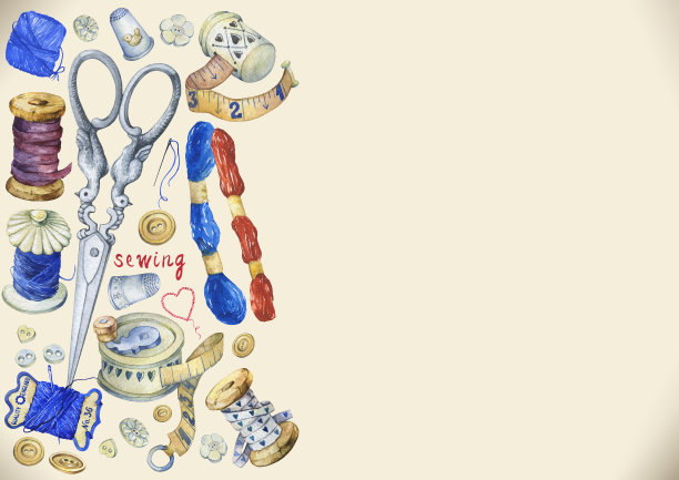 各种复古物品的框架，用于缝纫，工艺品和手工。手绘水彩插图孤立的黄色背景。图片下载