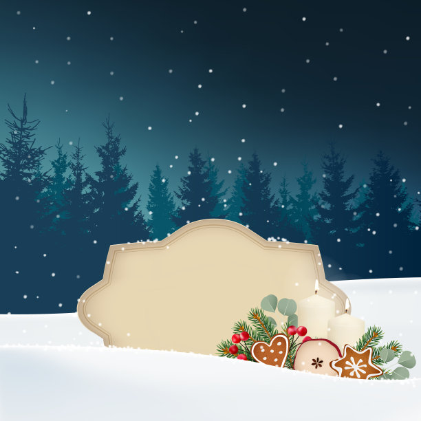 复古的圣诞贺卡，请帖。冬天的雪景有森林，纸上的文字标签，蜡烛，云杉和桉树的树枝，姜饼和红浆果。复古的向量图片下载