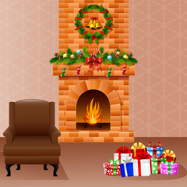 圣诞壁炉与礼物和沙发图片下载