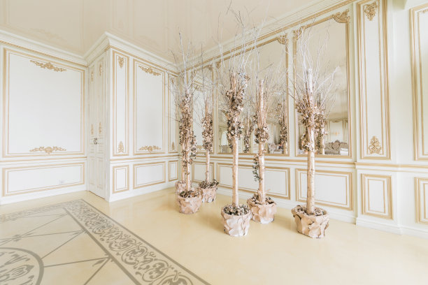 圣诞节的早晨。配有白色壁炉的豪华经典公寓。图片下载