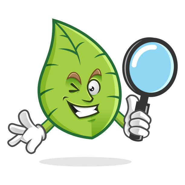 叶吉祥物用放大镜，叶人物，矢量叶卡通图片下载