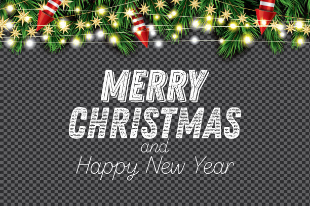 冷杉枝与霓虹灯串，金色的星星和火箭在透明的背景。图片下载