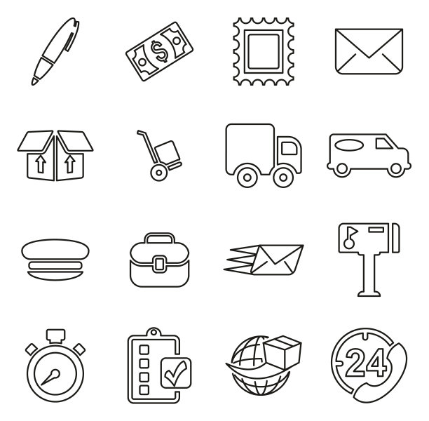 邮局或邮递员或派递服务图标细线矢量插图集图片下载