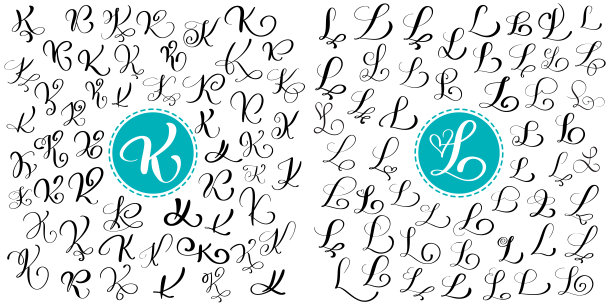 Set letters K, l Hand drawn vector flourish calligraphy。脚本的字体。用墨水写的孤立的信件。手写的画笔风格。手写字体标识包装设计海报图片下载