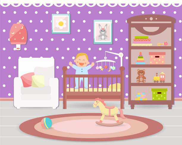 婴儿房间内部。有玩具、婴儿床、扶手椅和小地毯的婴儿房图片下载