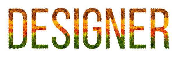 文字设计师用叶子写白色孤立的背景，横幅印刷，彩色叶子的创意插图。素材图片