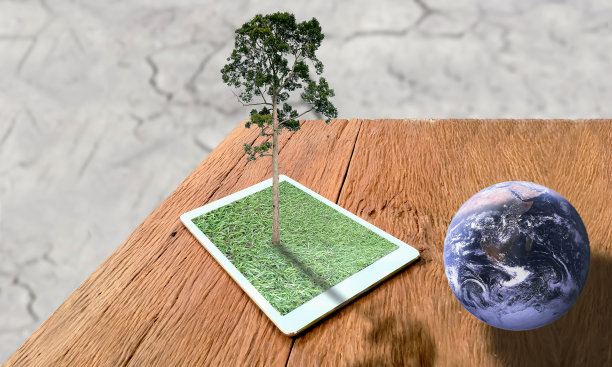 在炎热的夏日，绿草如茵，大树挺立在木板上，木质的桌面上是美丽的蓝色大地。地球图像由美国宇航局提供。图片下载