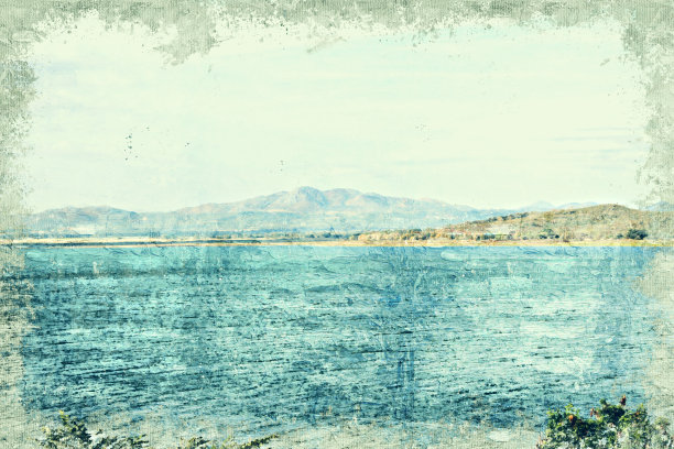 彩色的山峰和河流以油画水彩画为背景。图片下载