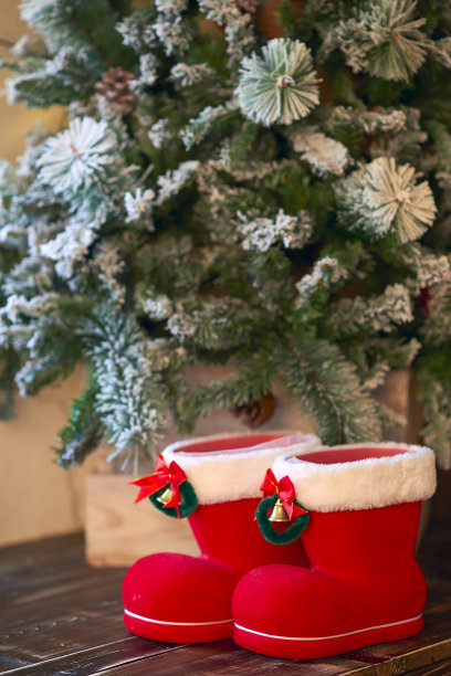 红带白边的圣诞靴子下满是白雪的圣诞树图片下载