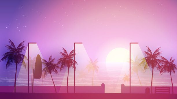 海滩人行道在日落与棕榈树-矢量插图图片下载