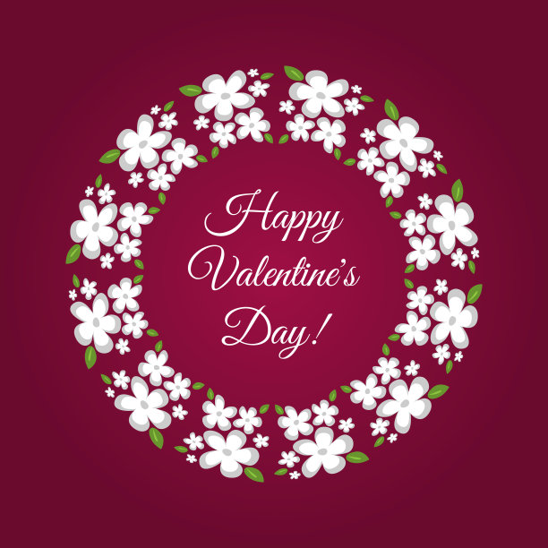 恭贺情人节快乐!在一个花框里。灰白色的花，绿叶。紫色的背景。图片下载