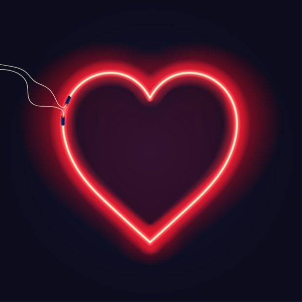 霓虹心形标志与电线在黑暗的背景。明亮氖辉光效应图片下载