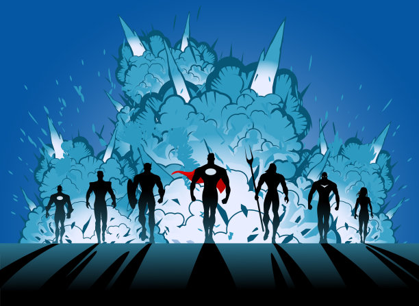 向量超级英雄团队与男性领袖剪影离开爆炸图片下载