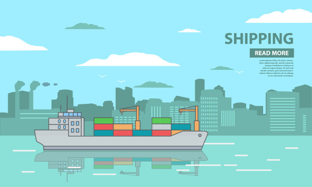 货船、货轮、集装箱运输船、起重机。城市港口建筑和工厂管道。海港海景。素材图片