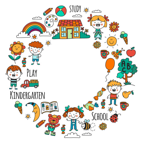 的想象力。探索。研究。玩了。学习。幼儿园。的孩子。孩子们画的。涂鸦图标。插图。月球。的房子。男孩和女孩。幼儿园、学校的照片。矢量模式图片下载
