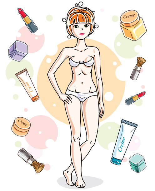 迷人的红头发女人穿着内衣摆姿势在彩色的背景奶油，口红，腮红和不同的管。矢量漂亮的女士插图。图片下载