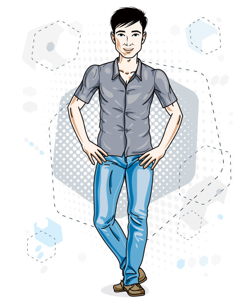 快乐的深色皮肤的年轻人站着。矢量人物穿着休闲衣服像牛仔裤和棉质衬衫。图片下载