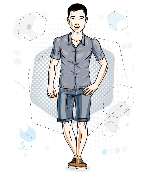 英俊的黑发年轻人在现代背景与六边形。矢量插图的男性。剪纸艺术的生活主题。图片下载