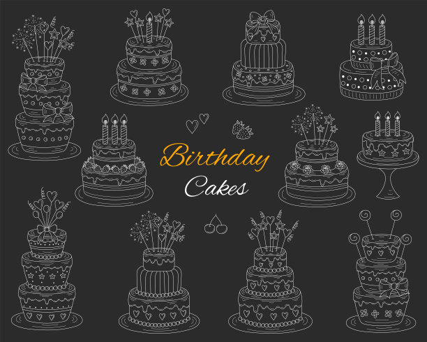 生日蛋糕套装，矢量手绘涂鸦插图图片下载