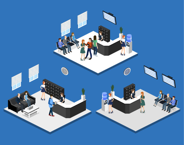 等距3D插图设置部门接待内部与工作场所图片下载