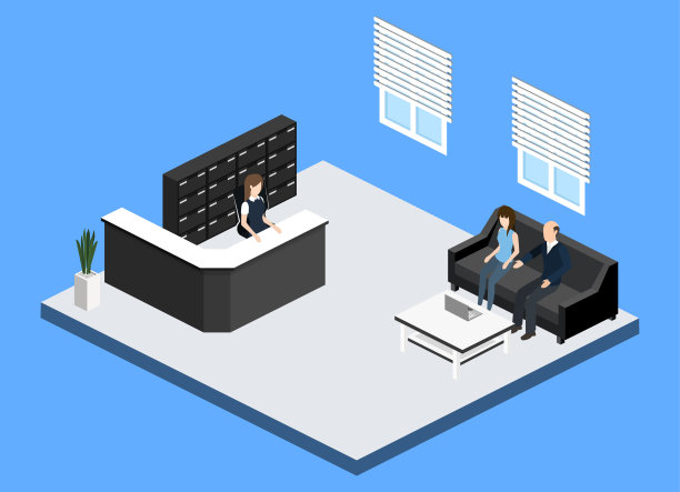 等距3D插图部门接待处内部与工作场所图片下载