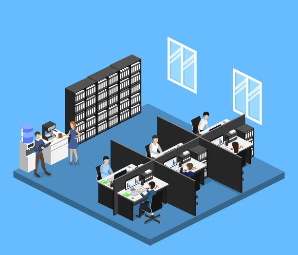 等距3D插图设置内部部门办公室与工作场所图片下载