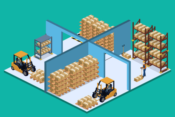 三维矢量图仓库与叉车，货物和人员。图片下载