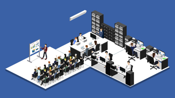 等距3D插图设置内部部门办公室与工作场所图片下载