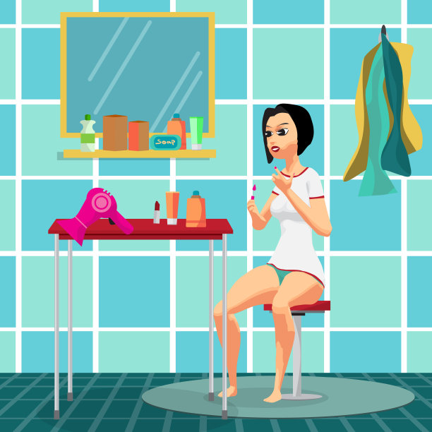 一个漂亮的女孩坐在浴室的凳子上涂指甲图片下载