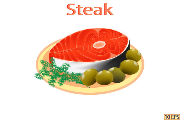 牛排鲑鱼在现实的风格。鱼孤立在白色背景上。海鲜产品设计。向量。图片下载