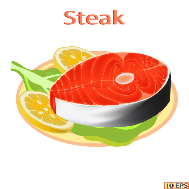 牛排鱼。鱼片，牛排鲑鱼在现实的风格。海鲜产品设计。图片下载