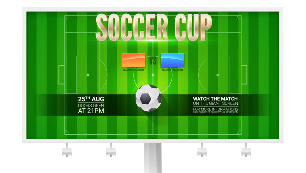足球杯，欧洲足球场的水平广告牌。游戏锦标赛海报模板，准备打印设计。体育赛事设计横幅，传单或传单。三维演示图片下载
