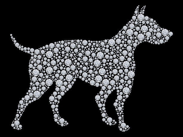 3D插图2018年新年贺卡与狗与人造钻石宝石隔离图片下载