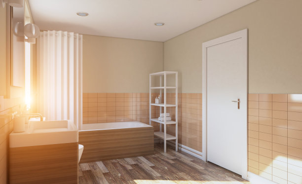 有大窗户的现代浴室。3 d渲染。窗户上有灯光。图片下载