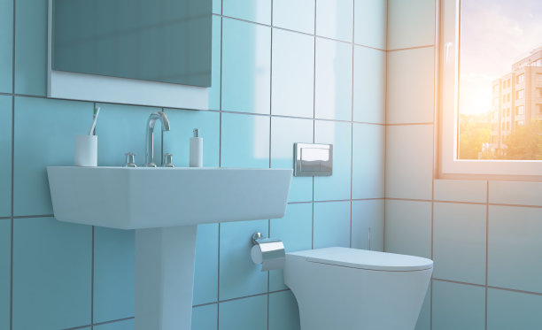 有大窗户的现代浴室。3 d渲染。日落。图片下载