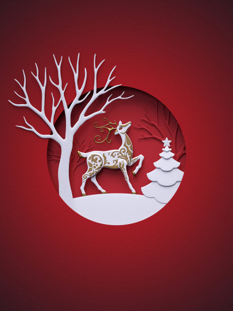 3d渲染，数字插图，平面纸工艺冬季景观，驯鹿，冷杉树，层，鹿，圣诞贺卡，白色树，圆形框架，红色背景图片下载