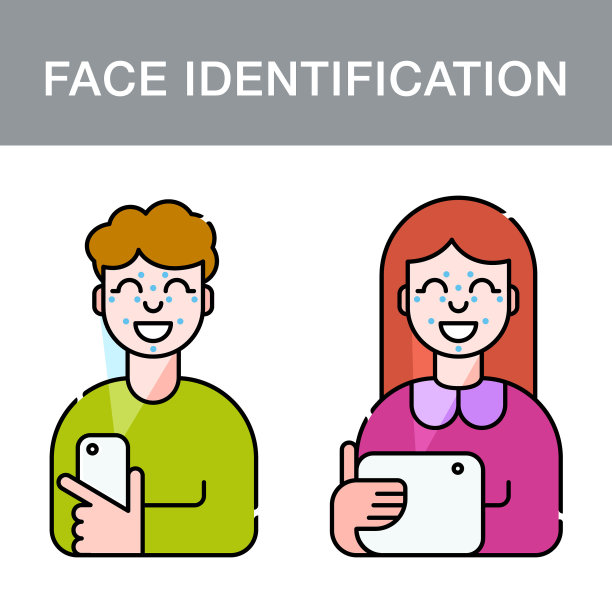 面部识别概念：男人和女人手持智能手机和平板电脑扫描面部，人脸识别矢量扁平轮廓插图图片下载