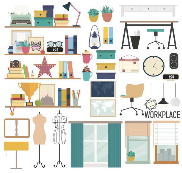 一套现代工作场所工具。矢量图图片下载