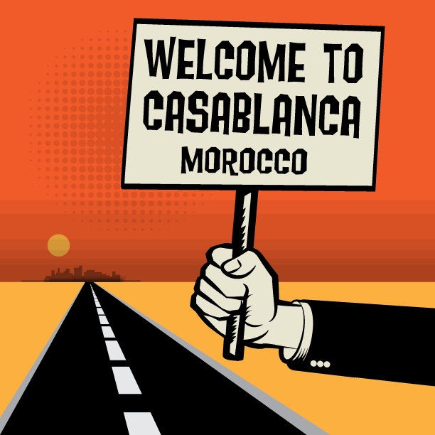 海报在手文本欢迎到卡萨布兰卡，摩洛哥，矢量插图图片下载