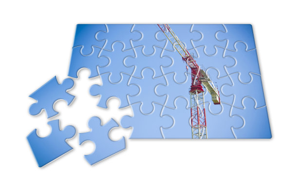 塔吊在蓝色背景下拼图造型概念图像图片下载