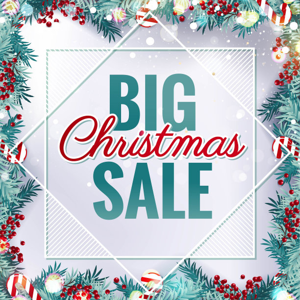 挂着框架、冷杉树枝、浆果和糖果的圣诞大促销横幅图片下载