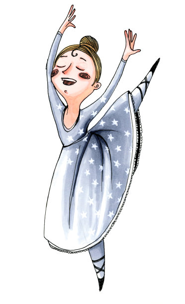 白色背景上的水彩插画：穿着灰色星星裙的小芭蕾舞演员在跳舞图片下载