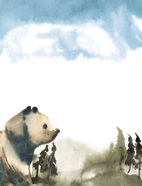 白色背景水彩插画：雾中蓝色森林与熊素材图片