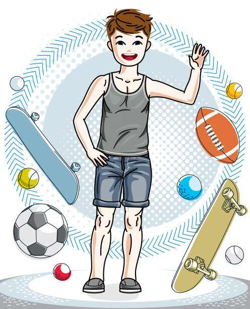 小男孩穿着休闲服站在那里。向量的孩子说明。时尚生活主题卡通。图片下载