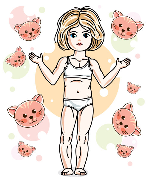 可爱的金发小女孩站在幼稚的背景和小猫，穿着内裤。向量的孩子说明。图片下载