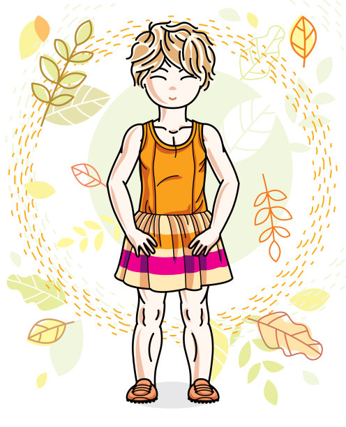 一个金发的小女孩，穿着时尚的休闲服，站在秋色的背景下蹒跚学步。向量有吸引力的孩子插图。时尚生活主题卡通。图片下载