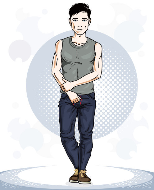 站着一个黑发的年轻人。矢量人物穿着运动服，健康的生活方式和健身主题。图片下载