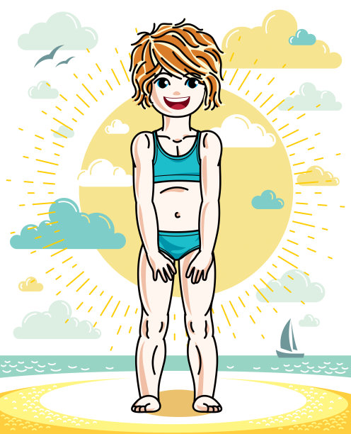 快乐的红发小女孩穿着明亮的泳衣在阳光沙滩上摆姿势。向量的性格。图片下载