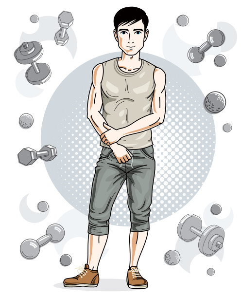 英俊的深色头发的年轻男子在简单的背景与哑铃和杠铃。矢量插图的运动员。制定和培训主题。图片下载