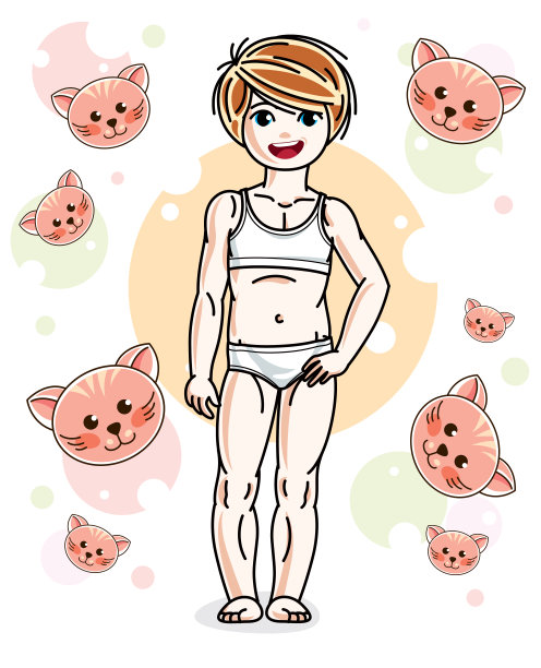 可爱的红发小女孩站在幼稚的背景和小猫，穿着内裤。向量的孩子说明。图片下载